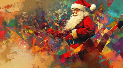 Abstract Santa Claus A full-body portrait of Santa Claus rendered in an abstract style with bold, geometric shapes and vibrant colors. His traditional red suit is reimagined with unconventional