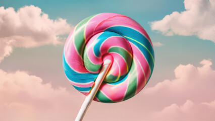 Poster - A colorful lollipop on a stick with clouds in the background, AI