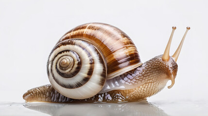 Snail crawling with full body view, white background. 