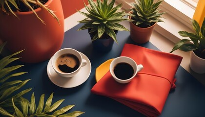 Two cups of coffee on saucers, placed on a blue surface with a red cloth and potted plants surrounding them. The scene is bright and colorful, evoking a sense of calmness and comfort.