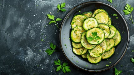 Poster - Top view of fried young sliced courgettes with copy space on dark background