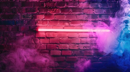 Poster - Neon tube on brick wall with smoke space for text