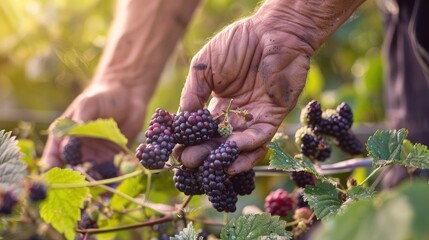 Wall Mural - close-up of blackberry picking. Selective focus