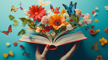 Two hands holding a book with flowers and butterflies flying out, open book, A fairy-tale-like photograph	