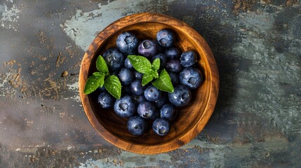 Wall Mural - Fresh Blueberry in Water-Dropped Wooden Bowl - Healthy Diet Concept Top View