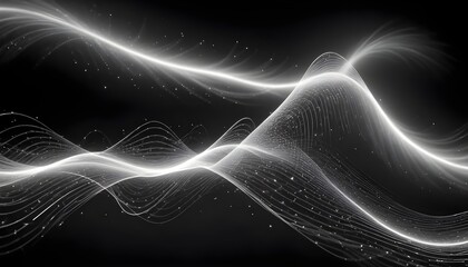 Poster - Abstract image of a flowing white wave with sparkling particles on a black background, creating a sense of movement and energy.