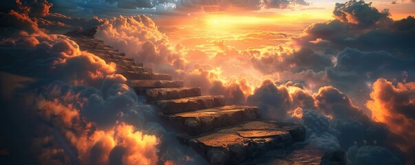 Wall Mural - Stairway to heaven, stone steps leading into a sunset. Free copy space for banner.