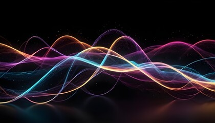 Wall Mural - Abstract digital image of glowing blue, purple, and orange waves on a black background with sparkling particles, creating a dynamic and vibrant effect.