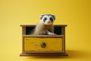 Poster - A small ferret is sitting on top of a yellow dresser