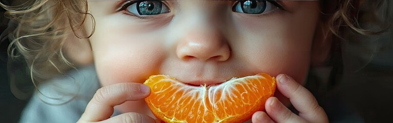 Wall Mural - the child is eating a tangerine. Selective focus