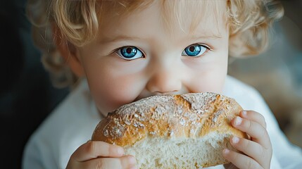 Wall Mural - the child eats bread. Selective focus