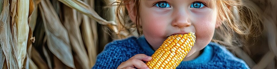 Wall Mural - the child eats corn. Selective focus