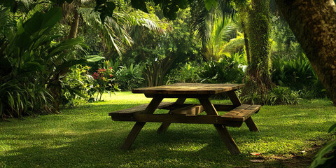 Wall Mural - Natural Harmony: A peaceful outdoor setting with a wooden picnic table and mismatched chairs, surrounded by lush greenery.