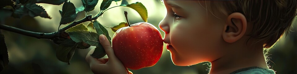 Sticker - the child eats a red apple. Selective focus