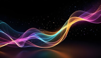 Wall Mural - Abstract image of glowing, colorful waves on a black background. The waves are delicate and flowing, creating a sense of energy and movement.