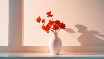 Photo of a white vase with red flowers on a white surface, illuminated by warm light.