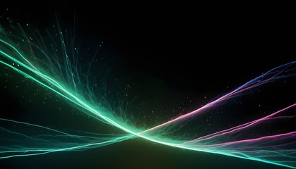 Wall Mural - Abstract image of glowing green and purple lines forming waves against a black background.