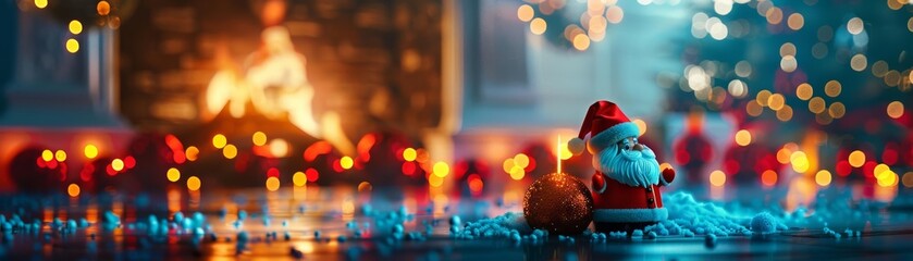 A cozy Christmas scene featuring a Santa figurine by a glowing fireplace, surrounded by festive decorations and soft lights.