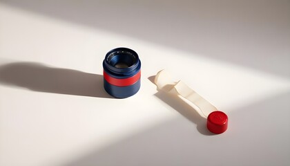 A minimalist image of a blue and red camera lens on a white background with light shining through, representing photography and creative tools.