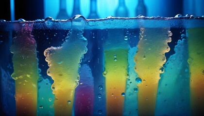 A close-up of colorful popsicles submerged in a glass of water. The popsicles are partially melted, creating a textured and abstract effect. The water is a vibrant blue, and the popsicles