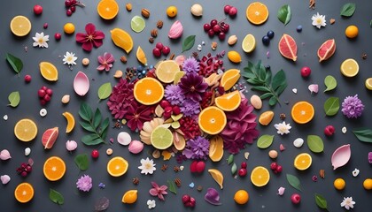 Flat lay photograph of a colorful pattern made up of citrus fruits, flowers, berries, and leaves arranged on a gray surface.