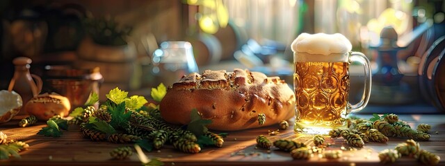 Wall Mural - a glass of beer, bread on hops. Selective focus