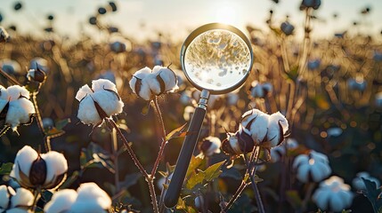 Sticker - cotton field and magnifying glass. Selective focus