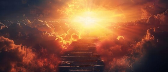 Wall Mural - Stairway to heaven, stone steps leading into a sunset. Free copy space for banner.