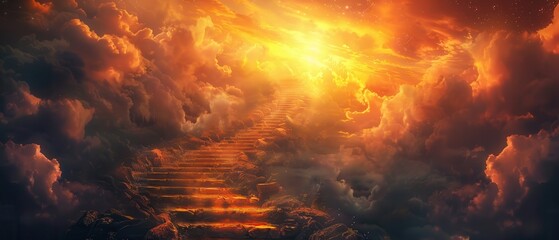 Wall Mural - Stairway to heaven, stone steps leading into a sunset. Free copy space for banner.