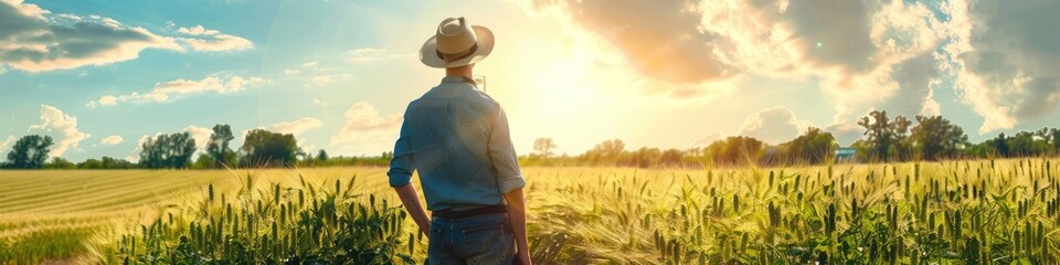 Canvas Print - man with beer in a field of hops. Selective focus