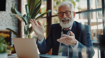 Canvas Print - Happy mature business man executive manager looking at laptop computer watching online webinar or having remote virtual meeting, video conference call negotiation