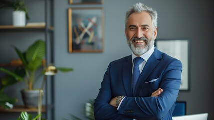 Poster - Happy middle aged business man ceo standing in office arms crossed. Smiling mature confident professional executive manager, proud lawyer, businessman leader wearing blue suit