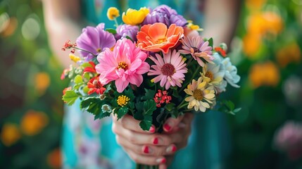 Poster - Happy Mother's Day, hands giving bouquet of colorful flowers