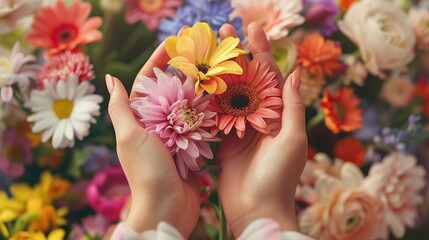 Poster - Happy Mother's Day, hands giving bouquet of colorful flowers