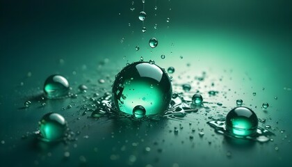 A close-up macro shot of green water droplets on a green surface, with one large droplet in the center and smaller droplets scattered around it. The image is crisp and clear, highlighting the beauty