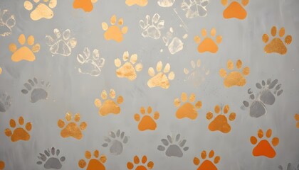 a pattern of paw prints in gold and gray on a light gray background. the paw prints are arranged in 