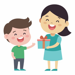 Wall Mural - Cute sister funny expression receiving gift and brother laughing  vector art illustration