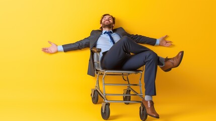 A man dressed in a suit joyfully relaxes in a shopping cart, displaying a carefree attitude with arms outstretched against a vibrant yellow backdrop