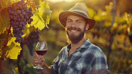 Wall Mural - farmer with a glass of wine in a field of grapes. Selective focus