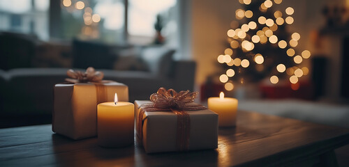 Close-up of gifts in modern living room, festive mood, Christmas.