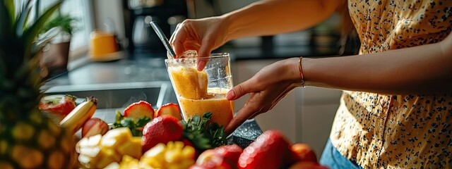 Wall Mural - a woman prepares a fruit smoothie in the kitchen. Selective focus