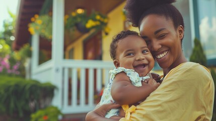 Canvas Print - Happy woman holding her baby at her home front-yard