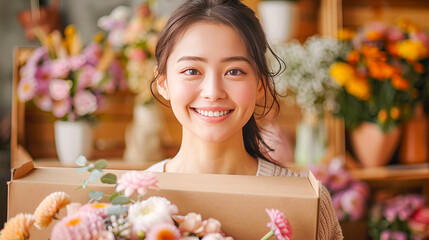 Young asian woman working as florist is holding a cardboard box full of fresh flowers