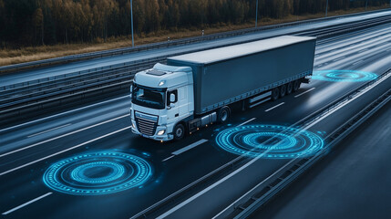 A white truck with a grey trailer drives on the highway, with blue, circular safety markings visible on the road surface around it.