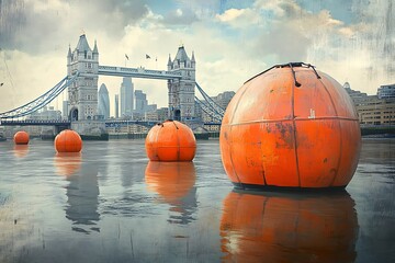 Wall Mural - Evening view of Tower Bridge at sunset over dramatic cloudy sky. Thames River water reflection present.