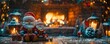 © Proud Art Shop - Festive scene with Santa figurines by a cozy fireplace, surrounded by soft snowfall and glowing lanterns, perfect for holiday spirit.