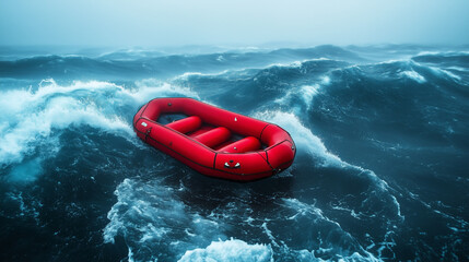 The red inflatable boat struggles with difficult conditions during a storm, with high waves and wind in rough seas.