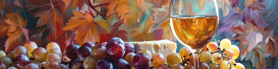 Wall Mural - a glass of wine, grapes, cheese. Selective focus