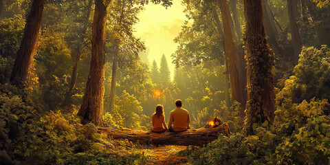 Wall Mural - Forest Getaway Sanctuary: A couple sitting on a fallen log in the middle of a dense forest, surrounded by towering trees and a small campfire in the distance