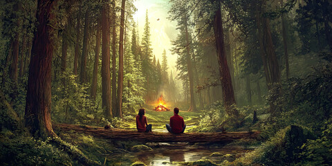 Wall Mural - Forest Getaway Sanctuary: A couple sitting on a fallen log in the middle of a dense forest, surrounded by towering trees and a small campfire in the distance